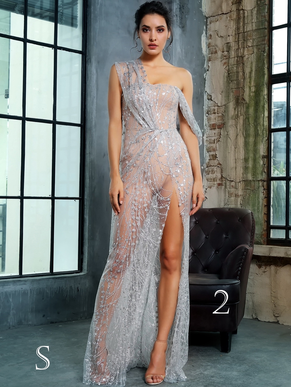 Silver One-Shoulder Sheer Embellished Evening Dress